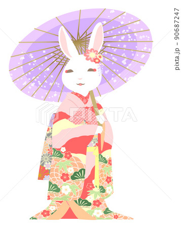 和傘と振袖　ウサギ 90687247