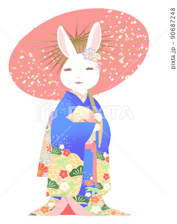 和傘と振袖　ウサギ 90687248