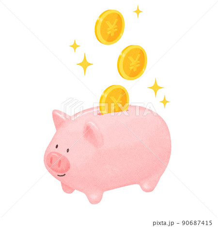 豚の貯金箱に円コインを貯金するイラスト素材 手描き風 のイラスト素材