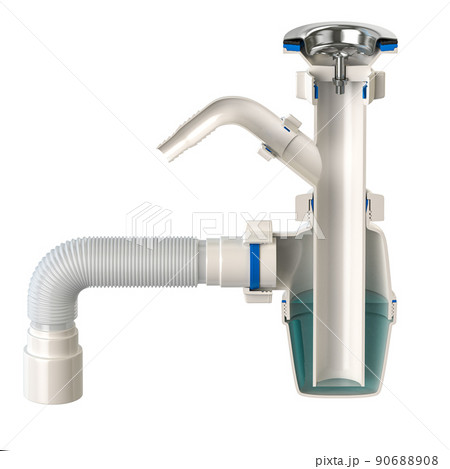 Cross section of siphon with bottle trap and pvc plastic pipes for sinks isolated on white. 90688908