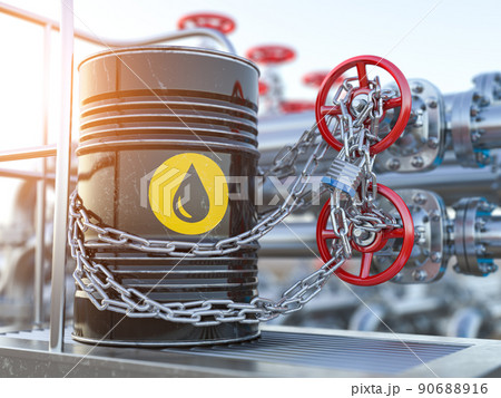 Oil crisis concept. Oil barrel and oil pipe line locked with chain. Oil crisis concept. Oil barrel and oil pipe line locked with chain. 90688916