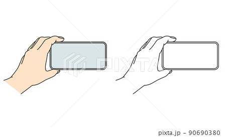 スマホを横向きに持つ片手　素材　イラスト 90690380