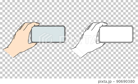 スマホを横向きに持つ片手　素材　イラスト 90690380