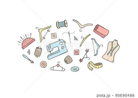 Tools for sewing and needlework. Doodle icon set tailoring, vector illustration thread needles mannequin sewing machine hangers buttons 90690486