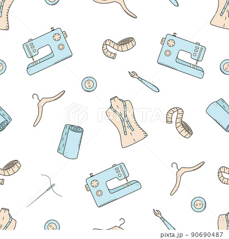 Seamless pattern tools for sewing and needlework. Doodle icon set tailoring, vector illustration Seamless pattern tools for sewing and needlework. Doodle icon set tailoring, vector illustration 90690487