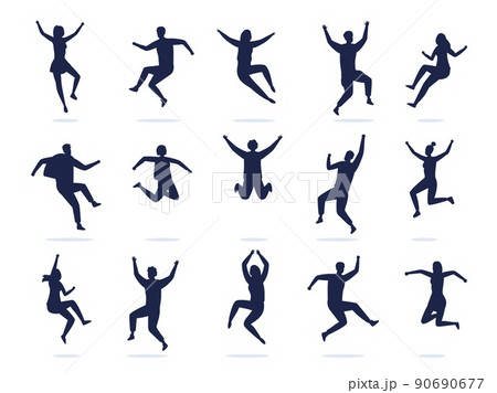 Jumping people silhouette. Happy active dancing men and women celebrating and have fun. Vector black symbols of boys and girls enjoy party 90690677