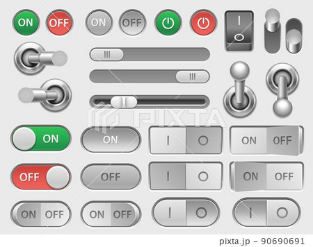 Toggle switch. On off slider and adjustable button, user interface skeuomorphic elements for option menu. Vector switches isolated set 90690691