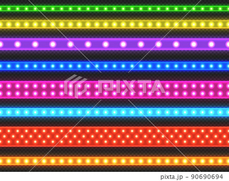LED light tape. Seamless realistic colorful LED decorative strip of different size and types, glowing decorative light effect. Vector illuminated line set 90690694