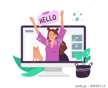 Video bloggers. Young girl on desktop computer screen greeting followers. Female character with cat having channel Video bloggers. Young girl on desktop computer screen greeting followers. Female character with cat having channel 90690713