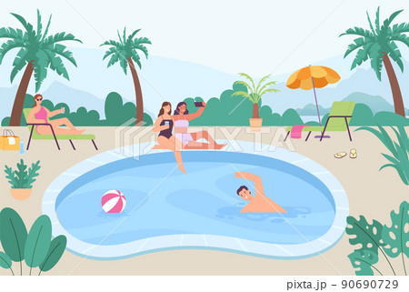 People at outdoor swimming pool. Women friends sitting on border and taking selfie photo on smartphone 90690729