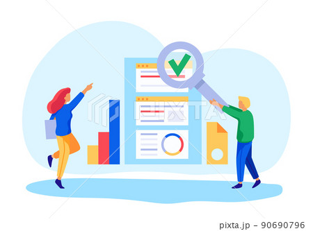 Kanban project management. Man and woman working together and checking assigned tasks. Team improving and visualizing workflow Kanban project management. Man and woman working together and checking assigned tasks. Team improving and visualizing workflow 90690796