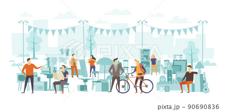 Flea market with people buying second hand goods. Street fair with sellers selling vintage furniture, clothing 90690836