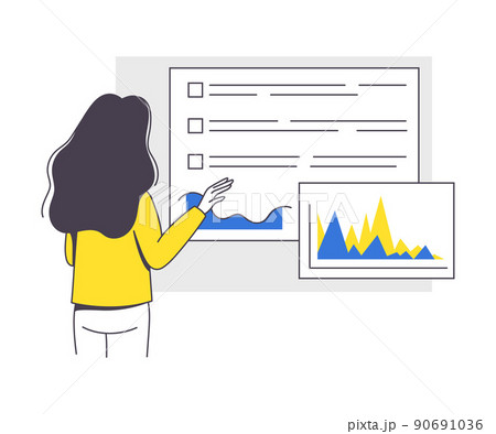 Online Conference with Woman Showing Graph Presentation Via Internet Platform Outline Vector Illustration 90691036