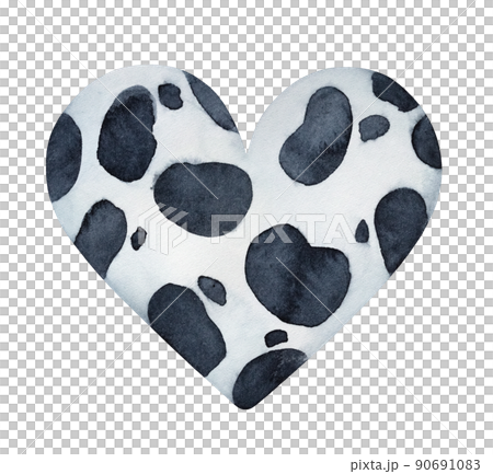 Water color illustration of heart shape with black and white spotted pattern. Handdrawn watercolour graphic drawing, cut out clip art element for creative design, t-shirt print, banner, card, poster. 90691083