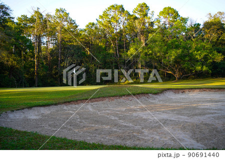 View of Golf Course with beautiful putting green. Golf course with a rich green turf beautiful scenery. View of Golf Course with beautiful putting green. Golf course with a rich green turf beautiful scenery. 90691440