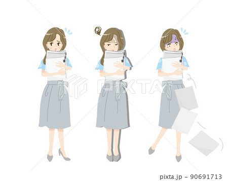 沢山の紙の資料を持ったビジネスウーマンのイラスト素材セット 90691713