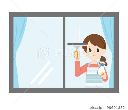 窓　女性　窓拭き 90691822
