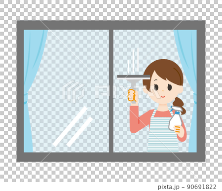 窓　女性　窓拭き 90691822