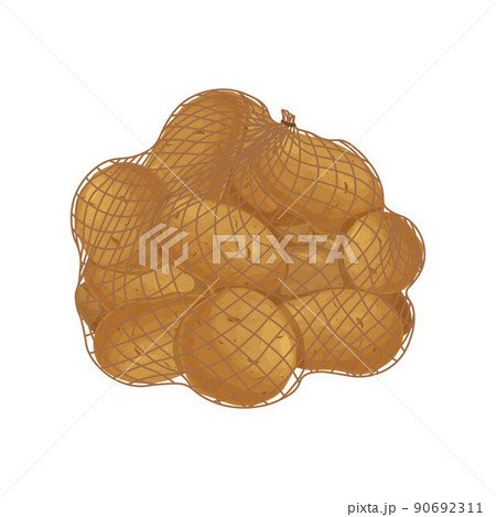 Potatoes in a string bag. Potatoes in a bag. Vegetables from the garden. Potato tubers. Vegetarian product,vector illustration Potatoes in a string bag. Potatoes in a bag. Vegetables from the garden. Potato tubers. Vegetarian product,vector illustration 90692311