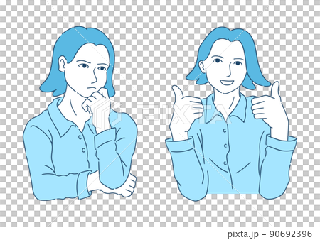 Female pose illustration. Solving problems. Facial expression set. Worrying, thinking, achieving. Female pose illustration. Solving problems. Facial expression set. Worrying, thinking, achieving. 90692396