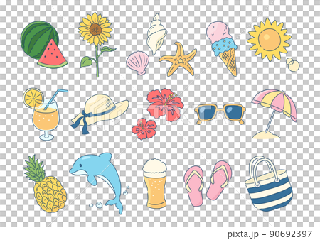 Set of summer image illustrations. Materials for icons and illustrations. Line drawings and painting. 90692397