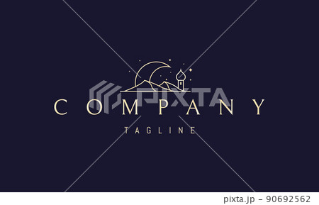 Vector golden logo on which an abstract image of a landscape of tung against the backdrop of a huge moon. Vector golden logo on which an abstract image of a landscape of tung against the backdrop of a huge moon. 90692562