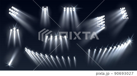 Stadium spotlights. Football field directional light sources, realistic searchlights. Illuminated studio and arena stage lamps, different directions projector, vector isolated set Stadium spotlights. Football field directional light sources, realistic searchlights. Illuminated studio and arena stage lamps, different directions projector, vector isolated set 90693027