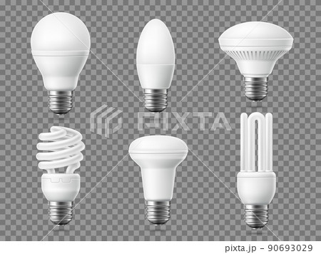 Realistic led light bulb. Modern energy saving lamps, 3d fluorescent objects, different shapes electricity elements. Responsible energy use, ecology vector isolated set Realistic led light bulb. Modern energy saving lamps, 3d fluorescent objects, different shapes electricity elements. Responsible energy use, ecology vector isolated set 90693029