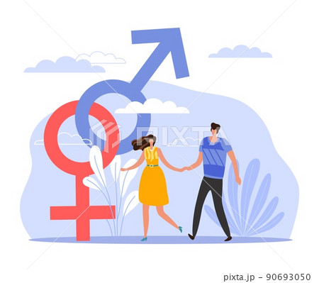 Classical orientation. Heterosexual couple holding hands on date, family walking, romantic relationships, man and woman marriage, mars and venus sign, vector people cartoon flat concept Classical orientation. Heterosexual couple holding hands on date, family walking, romantic relationships, man and woman marriage, mars and venus sign, vector people cartoon flat concept 90693050