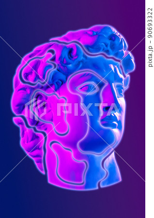 Collage with antique sculpture of human face in neon style. Modern creative concept image with ancient statue head David. Zine culture. Contemporary art poster. Funky punk minimalism. Unusual design. 90693322