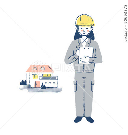 土木 建築関連の仕事をする女性と家のイラスト素材