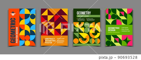Abstract geometric posters. Minimal design pattern background with graphic texture and modern lines with Bauhaus retro triangles. Contemporary vertical mosaic banners vector trendy set 90693528