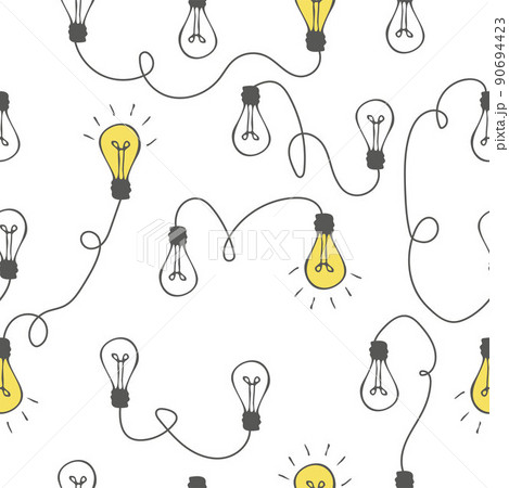 The way to solve a complex idea. Light bulbs and lines, chaotic thoughts seamless pattern. Doodle vector illustration 90694423