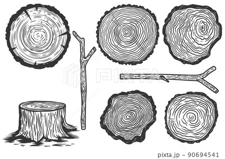 Set of illustrations of wood slice in engraving style. Design element for poster, label, sign, emblem, menu. Vector illustration Set of illustrations of wood slice in engraving style. Design element for poster, label, sign, emblem, menu. Vector illustration 90694541