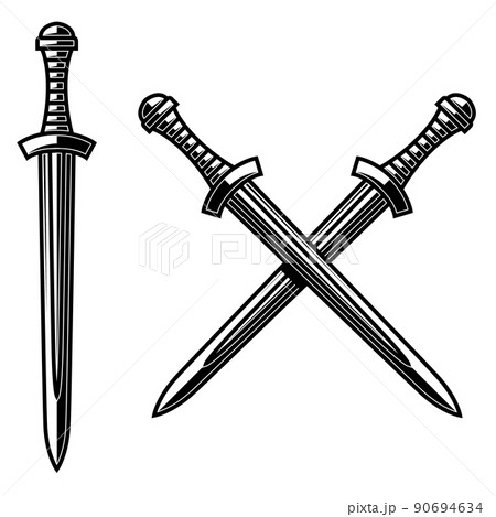 Illustration of crossed daggers in engraving style. Design element for logo, label, emblem, sign. Vector illustration 90694634