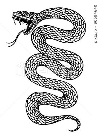 Illustration of poisonous snake  in engraving style. Design element for logo, label, emblem, sign, badge. Vector illustration 90694640