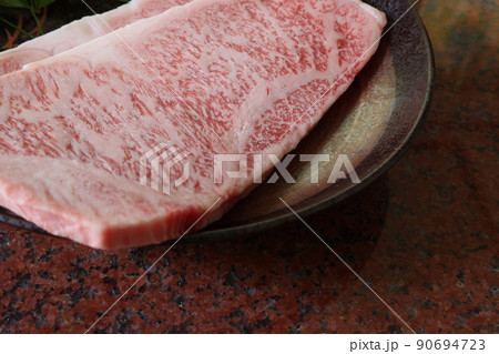 皿にのせた生の神戸牛のサーロイン 皿にのせた生の神戸牛のサーロイン 90694723