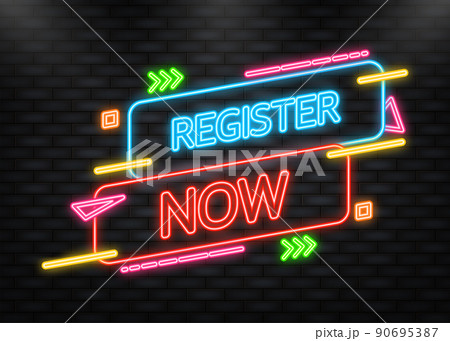 Neon Icon. Blue register now label in modern style on blue background. Banner promotion. Vector illustration. Neon Icon. Blue register now label in modern style on blue background. Banner promotion. Vector illustration. 90695387
