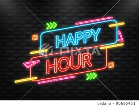 Neon Icon. Banner happy hour on dark background. Elegant design. Sale banner. Vector illustration. 90695451