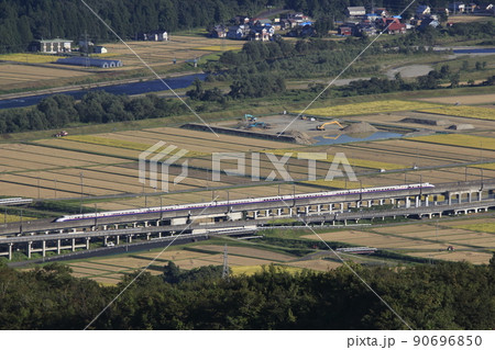 秋の上越新幹線E2系と魚沼の水田 90696850