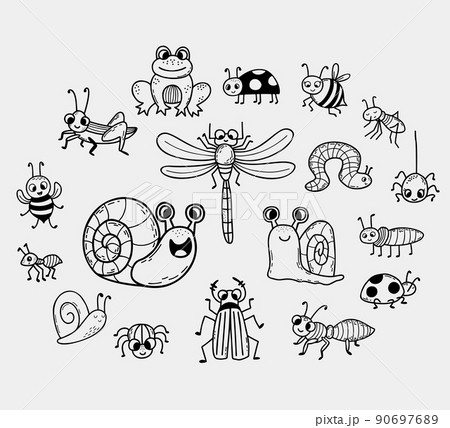 Collection of cute insects. Linear hand drawn doodle. Vector illustration. Isolated characters frog, snail, beetles and spider, dragonfly and bee, ladybug and mosquito for design, decor, decoration 90697689