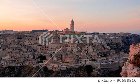 Panoramic view over the city of Matera Italy at sunset 90698816