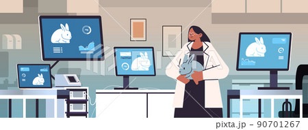 scientist work on desktop with rabbits on screens veterinary worker doing experiments in lab biological genetic engineering research scientist work on desktop with rabbits on screens veterinary worker doing experiments in lab biological genetic engineering research 90701267