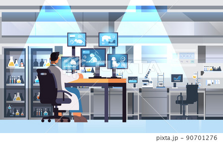 veterinary worker work on desktop with animals on screens scientist doing experiments in lab biological genetic engineering research 90701276