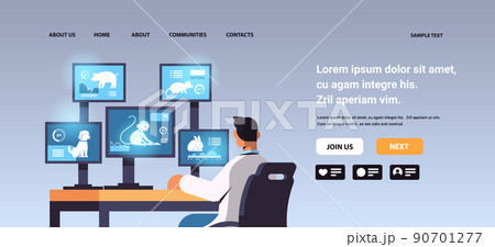 veterinary worker work on desktop with animals on screens scientist doing experiments in lab biological genetic engineering research 90701277