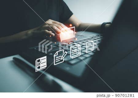 Officer using laptop manage files, Document Management System (DMS), Online document database management, automated processes to manage system, ERP enterprise efficient, business technology. Officer using laptop manage files, Document Management System (DMS), Online document database management, automated processes to manage system, ERP enterprise efficient, business technology. 90701281