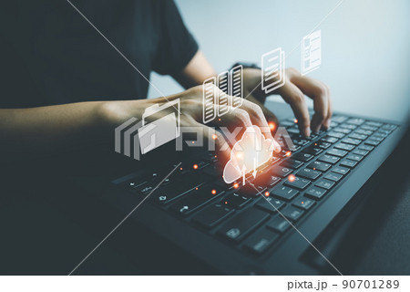 Officer using laptop manage files, Document Management System (DMS), Online document database management, automated processes to manage system, ERP enterprise efficient, business technology. Officer using laptop manage files, Document Management System (DMS), Online document database management, automated processes to manage system, ERP enterprise efficient, business technology. 90701289