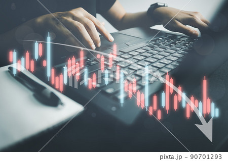 Investor analyze stock chart with laptop, businessman forecast and analysis graph in Bearish downtrend, economic slowdown, inflation crisis, loan interest rise, trade war finance, covid-19 impact. 90701293