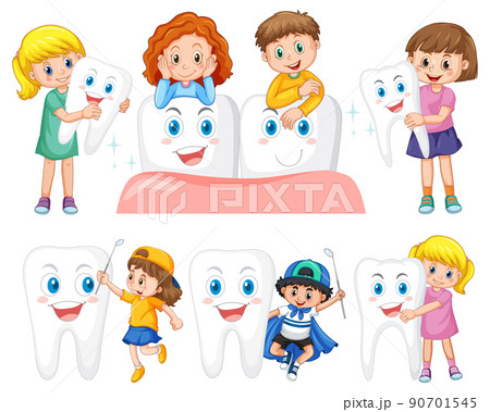 Set of happy kid holding a big tooth and dental mirror on white background 90701545