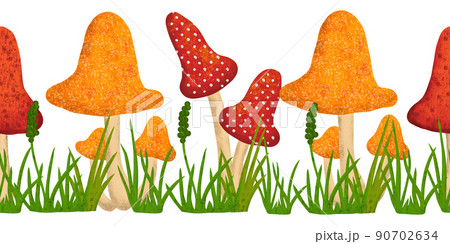 Hand drawn fall autumn seamless horizntal border with mushrooms forest wood grass leaves. Woodland frame in red orange yellow. Decorative ornament illustration. 90702634